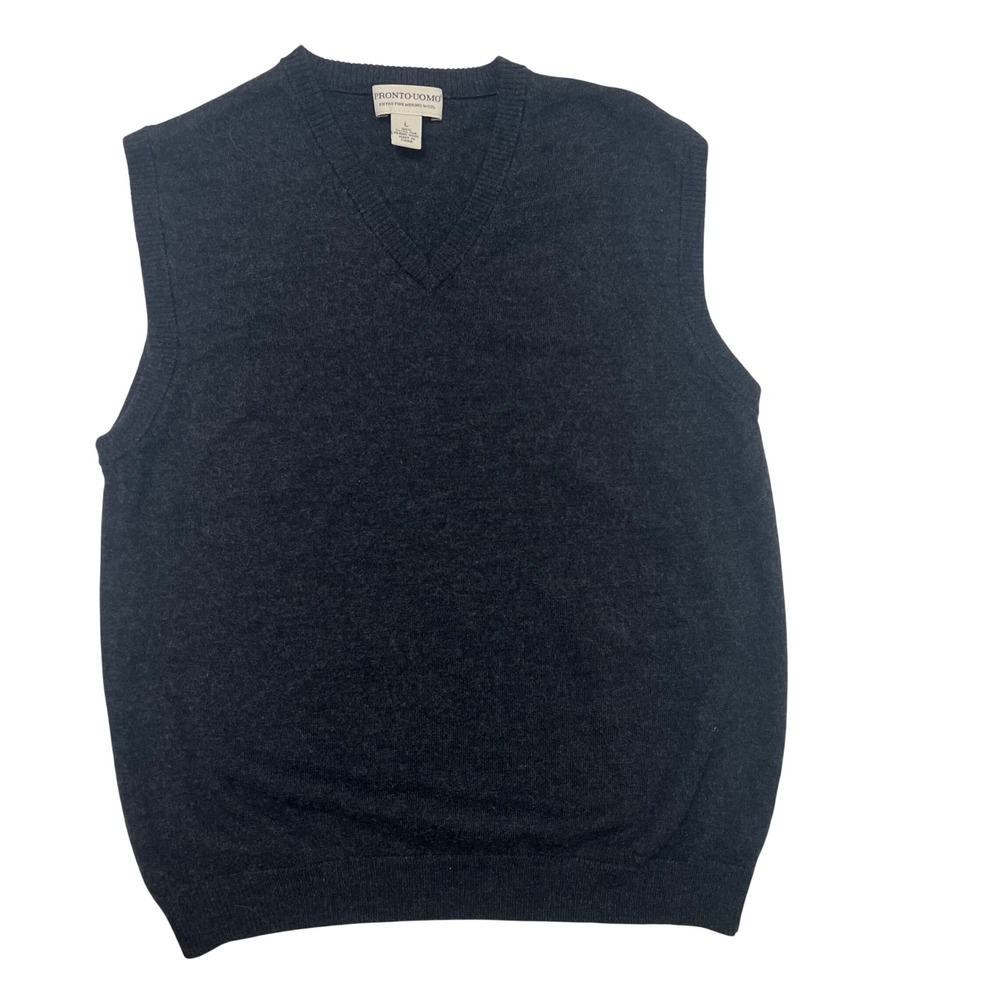 Pronto Uomo Mens Charcoal Gray 100% Extra Fine Merino Wool V-Neck Sweater Vest L